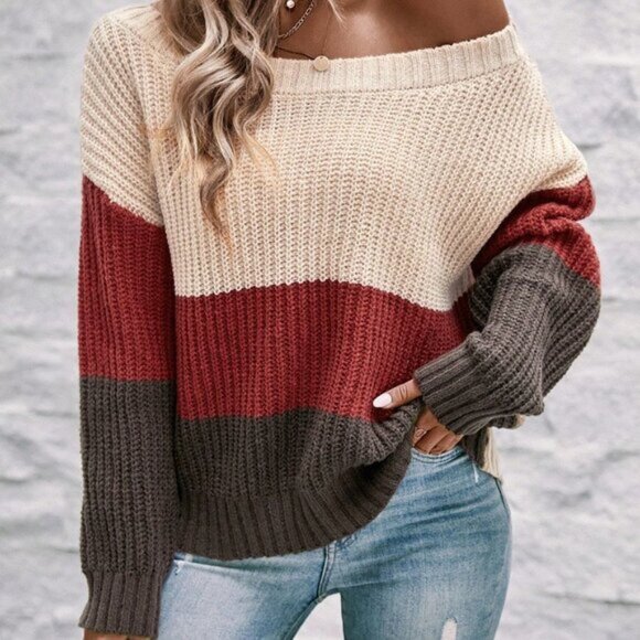 Multicolor Boho Womens Color Block Off Shoulder Sweater - Picture 6 of 6